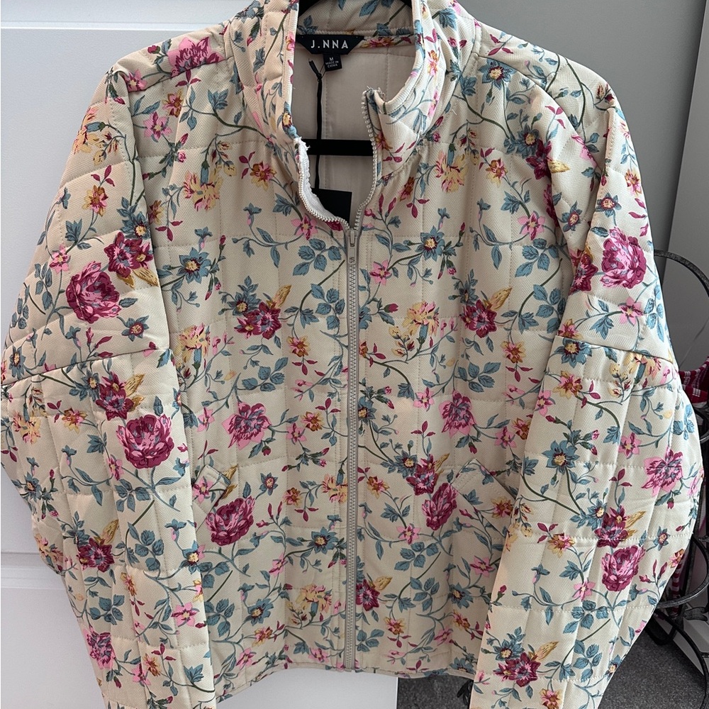 Cream and Pink Puffer Jacket with Floral Print